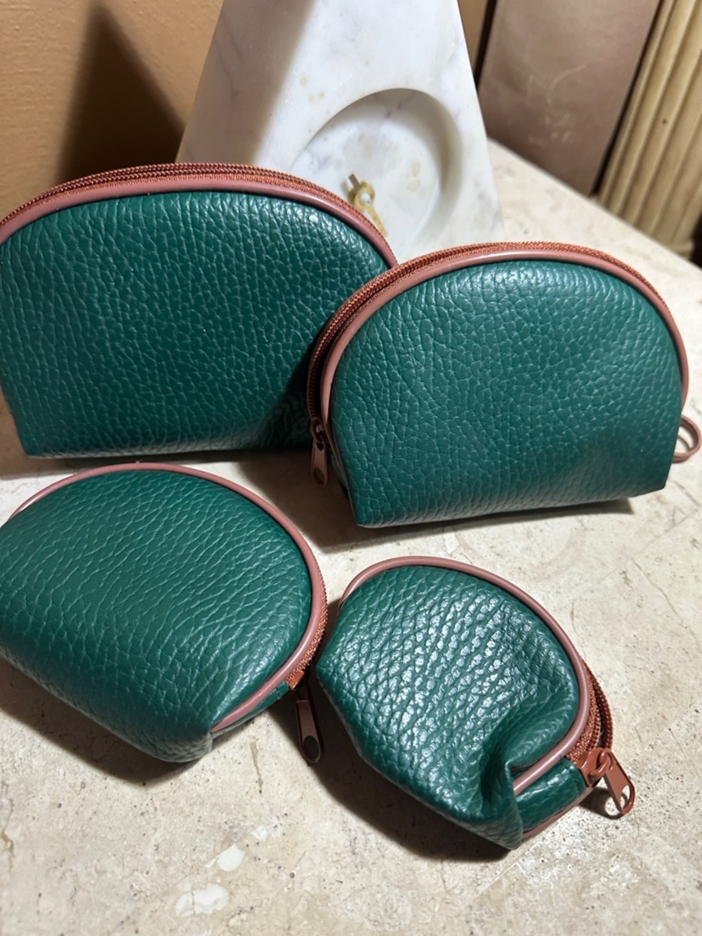 Green Pebbled Leather Coin Pouches with Pink Trim (Set of 4)